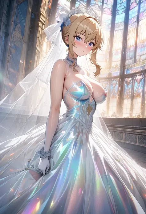 8k, masterpiece, best quality, ultra detailed, Ultra-high resolution, Highly detailed CG, break, 1girl, jean(genshin impact), kawaii, nsfw, big breasts, slender, (translucent wedding dress:1.2), full body, indoors, standing
