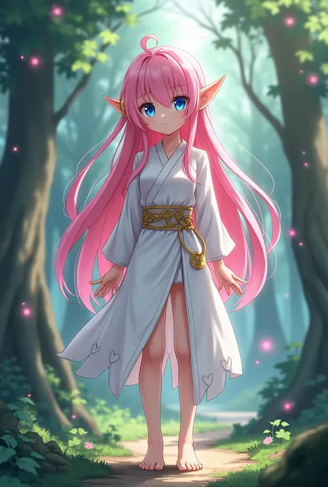  A girl, forest scenery, Levian white clothes , barefoot, eyes half open,  Blue Eyes, pink hair,  Long hair, elf ears,  look dull and dull,  youthful appearance but not  ,  surrounded by pink power ,  gold body accessories , gold earrings,  anime style  de...