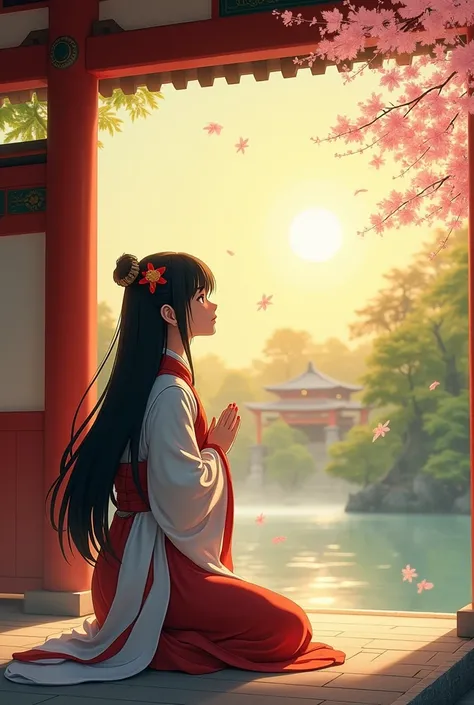 Shrine maiden、Sunrise、prayer、 black hair、 long