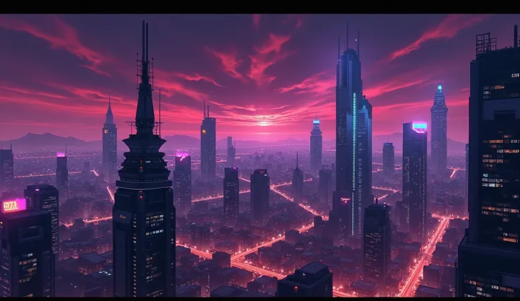 Anime landscape background art style, dark purple and red dark color, neon futuristic city at night