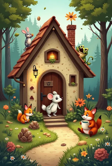  Illustration for a fairy tale, house ,  where the mouse live , frog,  bunny ,  fox and bear  