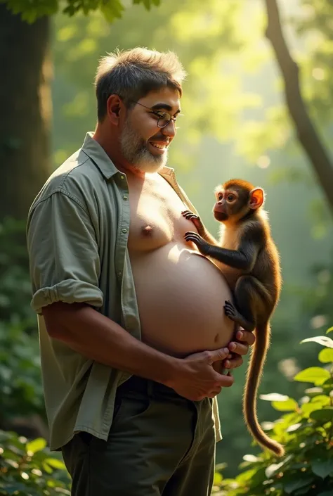 Make this guy a pregnant man holding a monkey