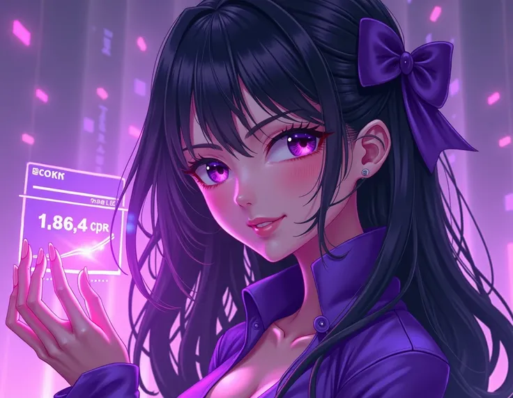 anime art, purple color, sexy clothes, beautiful girl, hologram work, long hair, sexy girl, hand with profit board, crypto, base chain, bitcoin