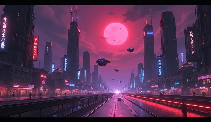 Anime fantasy background art style, dark purple and red dark color, neon futuristic city at night