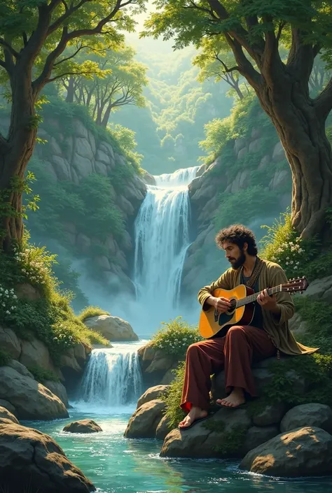  a gypsy landscape where only nature can be seen, And with a waterfall, And a young man playing the guitar