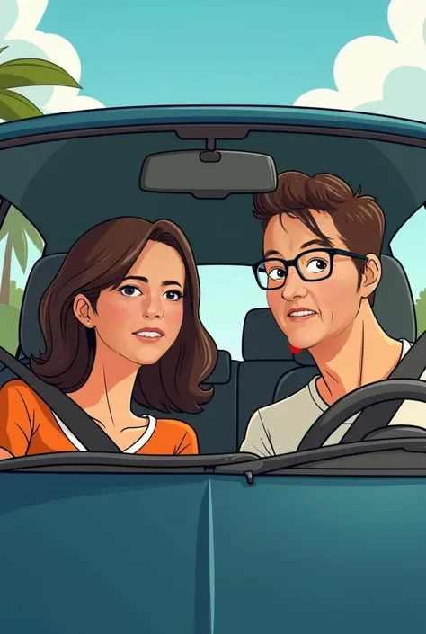 Take a picture of two couples in the same car ,  a brunette woman ,  fair skin , de meia idade e um homem de  fair skin  e cabelos curtos, e mais uma mulher jovem de cabelo escuro e  fair skin ,  and a muscular man with light brown skin and glasses with sh...