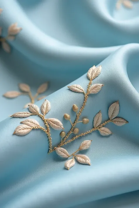 A close-up of an elegant fabric in a soft, smooth blue tone, featuring intricate embroidery of delicate olive branches. The embroidery is rendered in subtle gold and light beige tones, adding a sophisticated contrast to the serene blue background. The text...