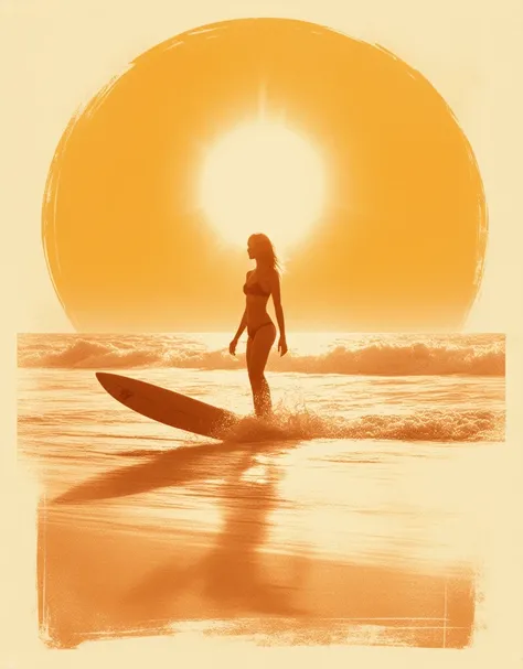 arafed woman with surfboard on the beach with the sun in the background, sung, surf, retro illustration, highly detailed illustration.”, cover of surfer magazine, retro style art, retro poster, big wave sung, retro art style, standing on surfboards, poster...