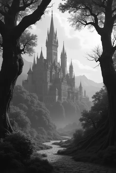  A giant medieval city in black and white that can be seen at a distance from a valley,  walled by giant trees ,  where only a few buildings can be seen in their crowns . the city is elegant  