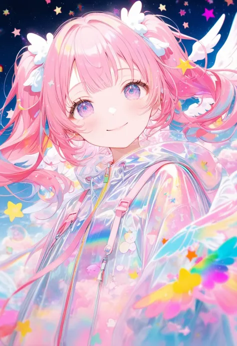 (masterpiece, best quality),(multiple exposure effect: 1.2),
anime coloring depicting,the little angle girl,pink twintail hair,she is surrounded by stars and cloud symbols,wearing translucent raincoat,smile,half-closed eyes,(angel wings on her back),on clo...