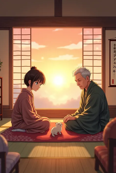 Japanese-style room　Kotatsu　kitten　Girl　 grandma 