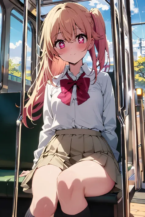 NSFW,masterpiece, top quality , high res, very detailed,Hoshino Ruby(My Favorite ),Star-shaped pupils, long hair, side ponytail,Blonde, school uniform, dress shirt, miniskirt, knee-high socks, Tram