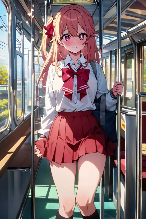 NSFW,masterpiece, top quality , high res, very detailed,Hoshino Ruby(My Favorite ),Star-shaped pupils, long hair, side ponytail,Blonde, school uniform, dress shirt, miniskirt, knee-high socks, Tram