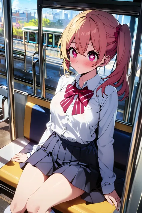 NSFW,masterpiece, top quality , high res, very detailed,Hoshino Ruby(My Favorite ),Star-shaped pupils, long hair, side ponytail,Blonde, school uniform, dress shirt, miniskirt, knee-high socks, Tram