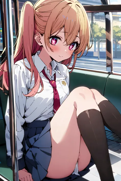 NSFW,masterpiece, top quality , high res, very detailed,Hoshino Ruby(My Favorite ),Star-shaped pupils, long hair, side ponytail,Blonde, school uniform, dress shirt, miniskirt, knee-high socks, Tram