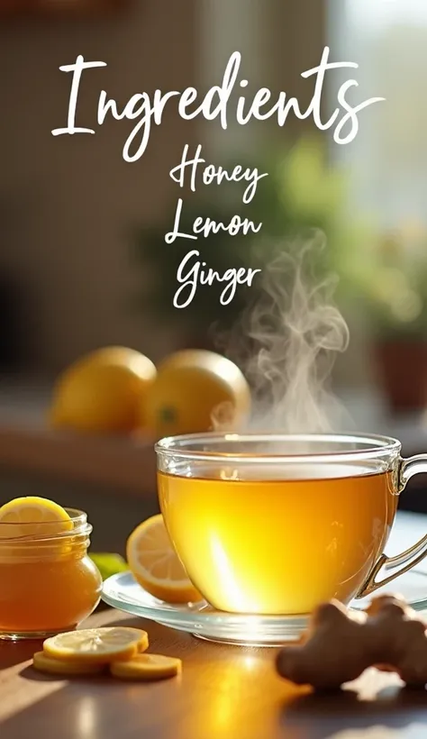 A cozy kitchen scene in soft, warm tones with a blurred background. In the foreground, there is a steaming glass cup filled with light transparent yellow tea, gently fogging up from the warmth. On the table beside it, there are two halves of a fresh lemon ...