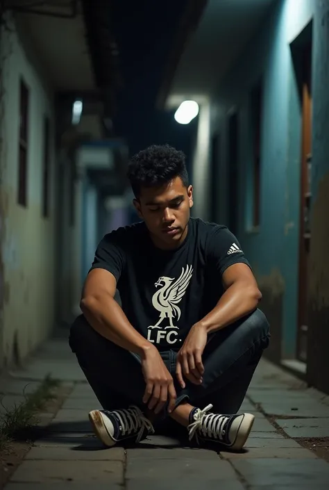 A handsome and sweet young Indonesian man wearing a shabby tattered black T-shirt bearing the Liverpool logo .FC black jeans Converse shoes are sitting pensively bowing their heads on the front pavement of the old building in the pitch dark night, realisti...