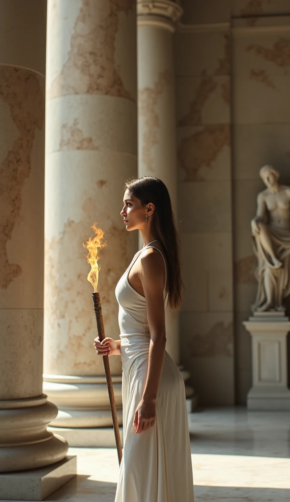  Stoic woman in a Roman marble temple , wearing a tight white dress with a large neckline ,  holding a torch while contemplating a philosophical statue.

