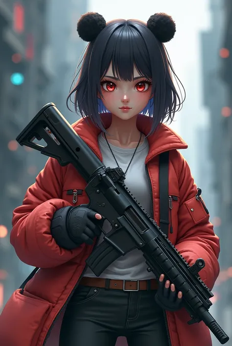 Gamer girl with gun and standing with panda short hair and strait hair