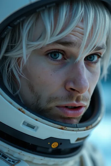 (Close-up of a better masterpiece:1.5)0.9], (Space and astronauts:1.2) (Messy silver hair:1.1) (Heterochromia xanthochromia and blue eyes:1.2) (Space Helmet:1.0) (Colored stars in the eyes:1.0) (A radiant glow:1.1) (thick lips:0.9)