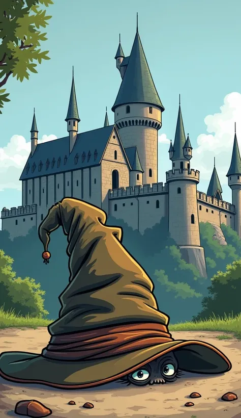 Harry Potter Hogwarts Sorting Hat Talking Lying Alone Cartoon Style With Castle In Background

