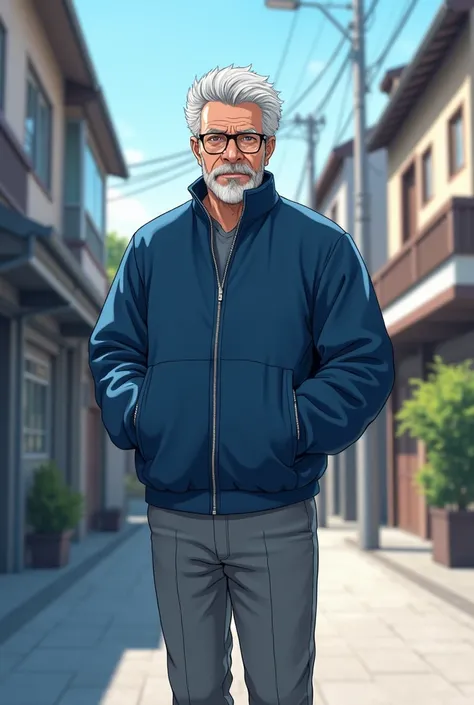 anime guy in a blue jacket and grey pants standing in the street, an anime drawing inspired by Unichi Hiratsuka, trending on pixiv, shin hanga, anime handsome old man, male anime style, old anime man, male anime character, kentaro miura style, as an anime ...