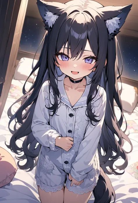 1boy,girlish-boy,wolf ears, wolf tail,black hair,long hair, choker, onepiece type pajama, open mouth smile, night room, Lace-decorated quilt, 
masterpiece,best quality,ultra detailed, very aesthetic, hyper small and clean characters in hyper cute line styl...