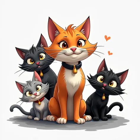 Gang with 4 cats :  the leader is an orange cat with an evil face ,  the second cat is a black and gray stripe with a serious face ,  the third cat is black and has a crazy face ,  the fourth cat is gray to white with an adorable and needy face, Pixar styl...