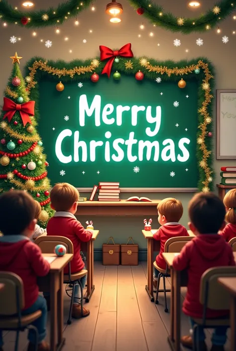 School classroom decorated in Christmas season, written merry Christmas on green board