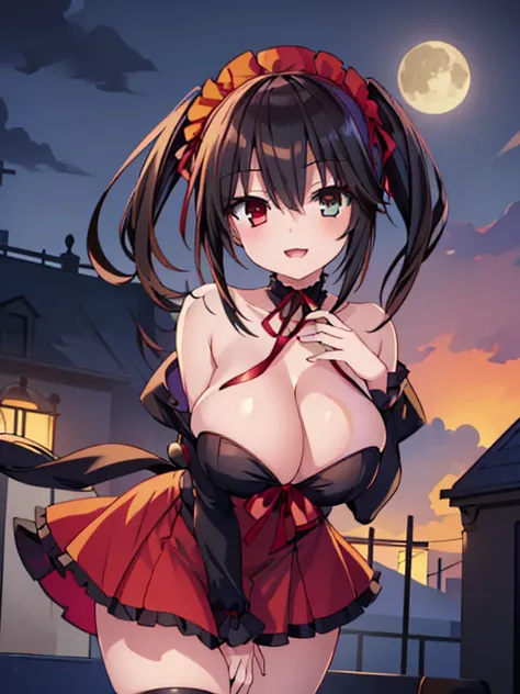 ((1girl)), (tokisaki_kurumi), (8k,16K,best quality,high-resolution,detailed fingers,detailed hands,detailed eyes,detailed legs:1.5),  ((seductive smile),(heterochromia,black hair,long hair,Twin tails, hair band, Red ribbon,Cleavage, Black choker, Exposing ...