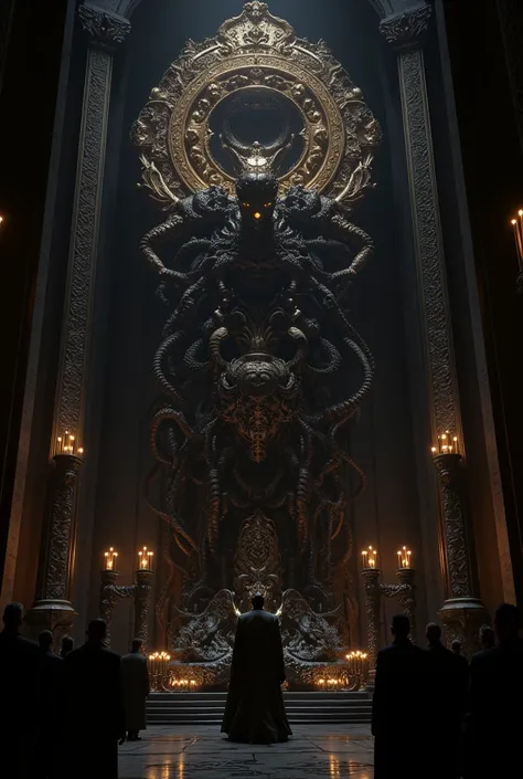 A dark, ornate chambers focal point: a towering, intricate gothic sculpture reminiscent of Kris Kuksis meticulous masterpieces. Twisted metal tendrils and delicate filigree swirl around grotesque, bestial heads with glowing eyes, as if alive. Shadows dance...