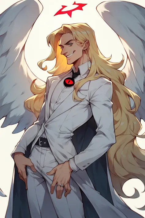 Blonde hair, Long hair, White suit, angel, ring,  boobs, smile,  simple background,  Side Corner, Ukiyo-e paintings,  Impressive cult,  kvinner,