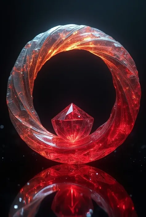 Peut tu me crée un cristal magique et rouge arc en ciel et rond parfait et complexe

Il est entouré par deux arc de metal magique se coupant en croix sur un point a 90° de face


 les deux anneau de metal fond le tour du cristal rond mais en x qui se crois...