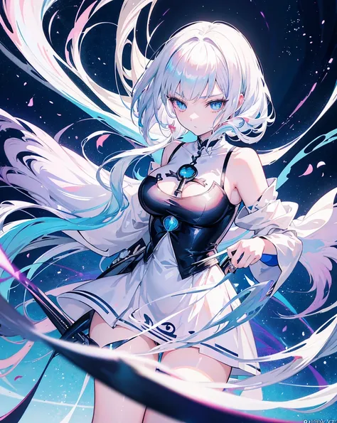 anime girl with white hair and blue eyes holding a knife, anime abstract art, dreamy psychedelic anime, detailed anime artwork, digital art on pixiv, beautiful anime artwork, detailed anime art, trending anime artwork, digital anime art, detailed digital a...