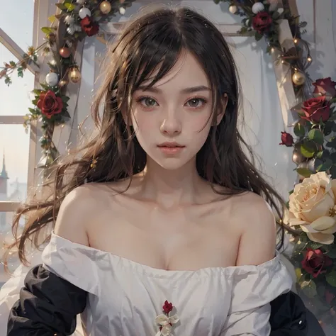 Anime girl with long black hair and a white dress with red roses, Gwaiz, Gwaiz on pixiv artstation,  detailed digital animation art, beautiful anime girl, Gwaiz on artstation pixiv, Anime Style 4k, everyone, beautiful anime portrait,  detailed portrait of ...