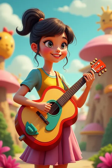 A girl of about 31 years old playing a cartoon style instrument 