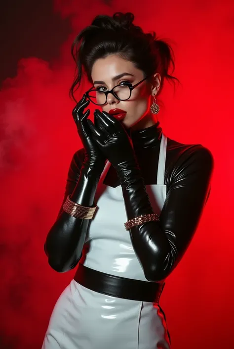  realistic photo of an intelligent 35 dominant brunette with disheveled hair, white skin, very high cheekbones, bdsm latex suit, large full lips, the largest lips, small glasses, deep mouth, dark plump glossy lips, very bright makeup. in bdsm style. Wearin...