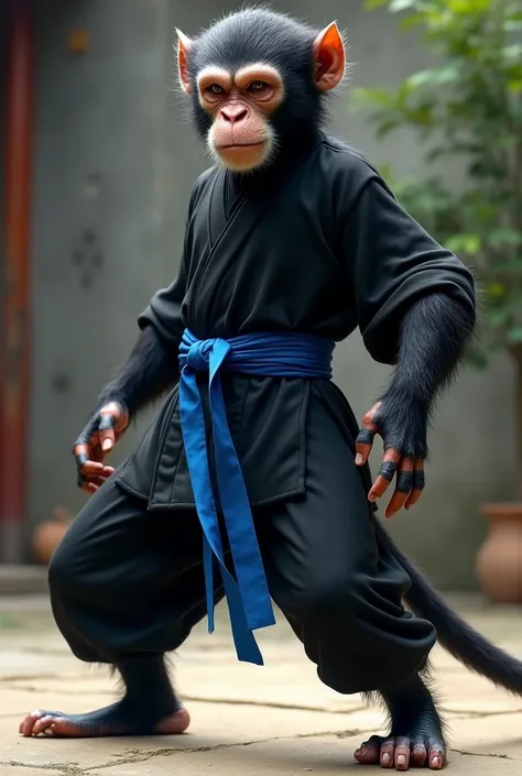 kung fu monkey in black uniform and blue belt