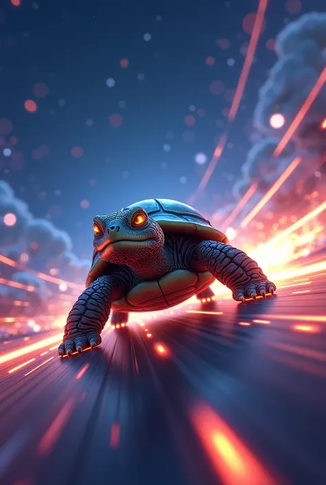 
An endless racetrack surrounded by a starry, magical sky. The first turtle is running as fast as it can, determination glowing in its eyes. Energy lines streak around it, showing motion and speed in a surreal, dreamlike setting."

