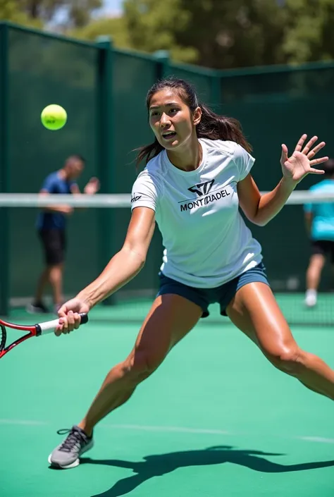  Image of Gemma Triay playing padel with a t-shirt with MONTIPADEL written on it and under the inscription, GRACIE GABRI 