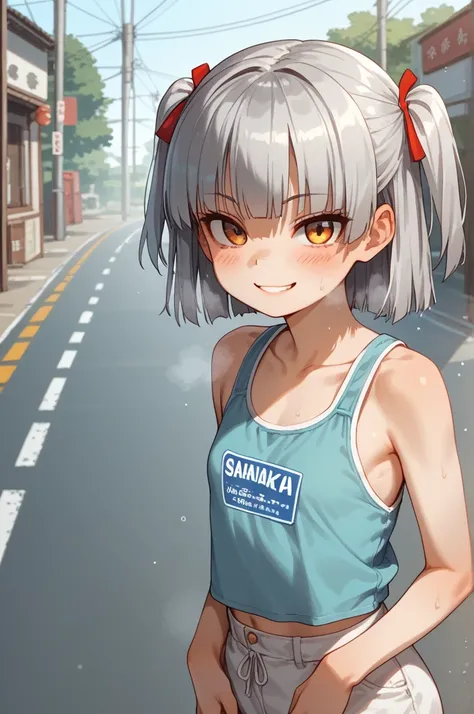 masterpiece, top quality ,( one girl),girly clothes, road around there,1girl,(((Sanpaku))),ideal ratio body proportions,petites,slender,small breasts,two side up,,silver hair,seductive smile,loli,in heat,nsfw