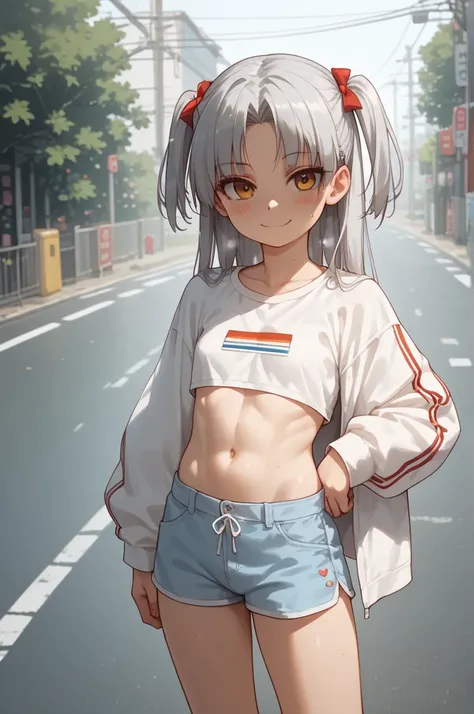 masterpiece, top quality ,( one girl),girly clothes, road around there,1girl,(((Sanpaku))),ideal ratio body proportions,petites,slender,small breasts,two side up,,silver hair,seductive smile,loli,in heat,nsfw