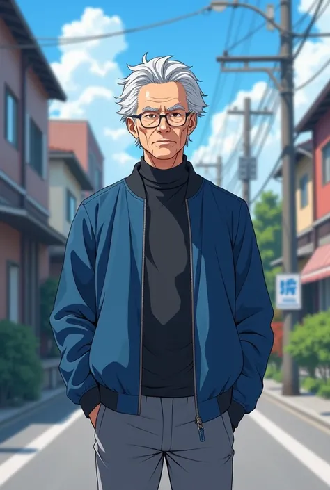 anime guy in a blue jacket and grey pants standing in the street, an anime drawing inspired by Unichi Hiratsuka, trending on pixiv, shin hanga, anime handsome old man, male anime style, midage anime man, male anime character, kentaro miura style, as an ani...