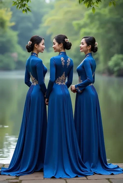 3 women wearing navy blue Vietnamese long dresses