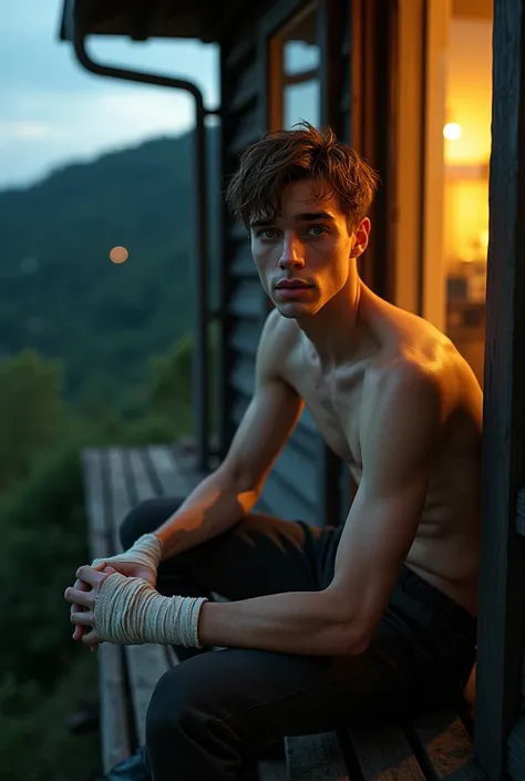 Young man character with brown hair and green eyes,  sitting on the balcony of a wooden house high , shirtless with bandages on hands like gloves, At night with yellow lighting in the house