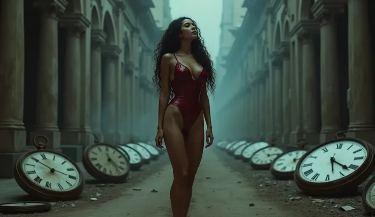 Woman Ariana Grande , standing, very sexy and very beautiful , with scarce, ethereal dark red latex clothing,  short and torn and worn clothes ,  bare shoulders.  mini skirt , legs in the air, long and matted curly hair , generous breasts,  looking up with...