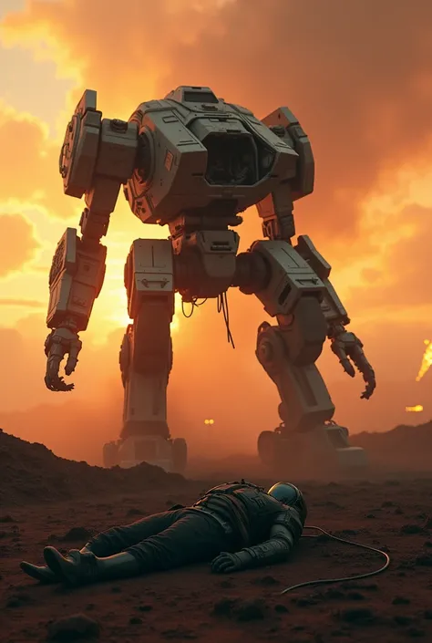 A cinematic battlefield scene with a fallen Titanfall-style mech warrior in a dystopian future. The massive battle mech lies damaged against a smoky sunset sky, its cockpit open and empty. Below, its pilot lies lifeless on the scorched earth, still connect...