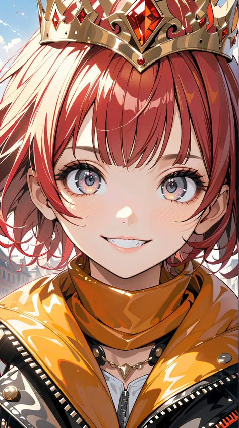 solo girl, mid teens, evil grin, (shiny skin, pretty face, big gray eyes, red short hair:1.3), gold crown, orange scarf, leather jacket, small breasts, beautiful fingers, (masterpiece, ultra detailed, top quality), anime, medium shot, fantasy town.