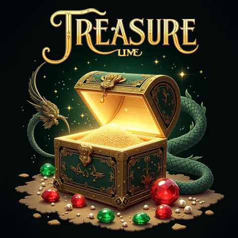 Design a vintage-style perfume label for a fragrance named Treasure. The label features an open treasure chest with golden light radiating from it, surrounded by scattered jewels like emeralds, rubies, and pearls. A majestic dragon silhouette guards the tr...