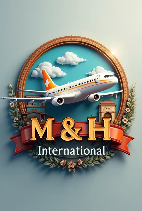 Logo name  M & H International Travels  
On simple background where shown airplane and european culture.
  High Resolution, Masterpiece, 360 View, Backlighting, Drop Shadow, 8K Octane, 